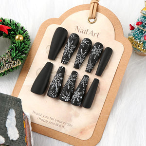 24pcs Black premium fake nails Simple white snowflakes Middle ladder Fully covered fake nails Christmas artificial false nails
