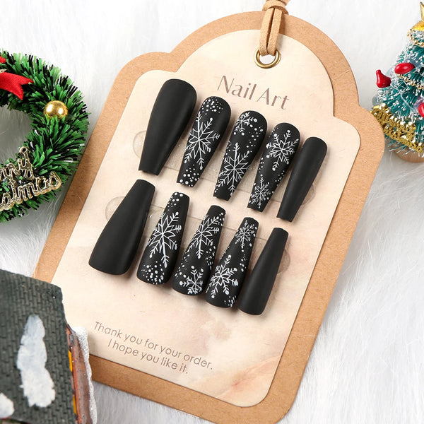 24pcs Black premium fake nails Simple white snowflakes Middle ladder Fully covered fake nails Christmas artificial false nails