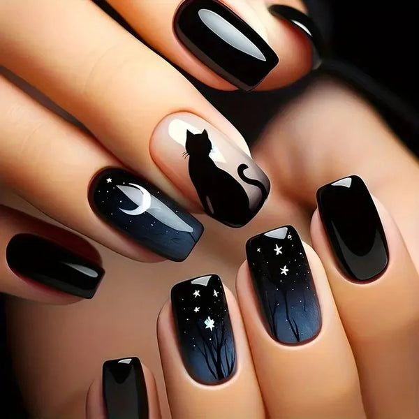 24PCS Halloween Mummy Design Fake Nails Short Square Fake Nails Cute Pressing Nails Full Coverage Halloween Nails