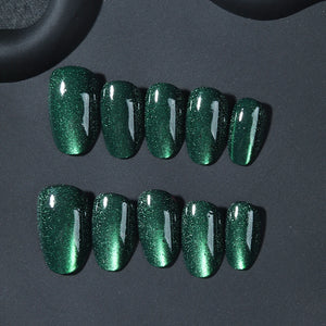 24pcs short almond nail fake nails, green cat's eye glass crystal design fake nails, full cover fake nails, white enhance temper