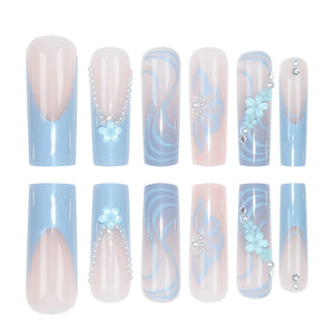 24 Piece Long Coffin Blue French&flower Pattern Fake Nails ABS Full Cover Glossy Fake Nails Summer Collection
