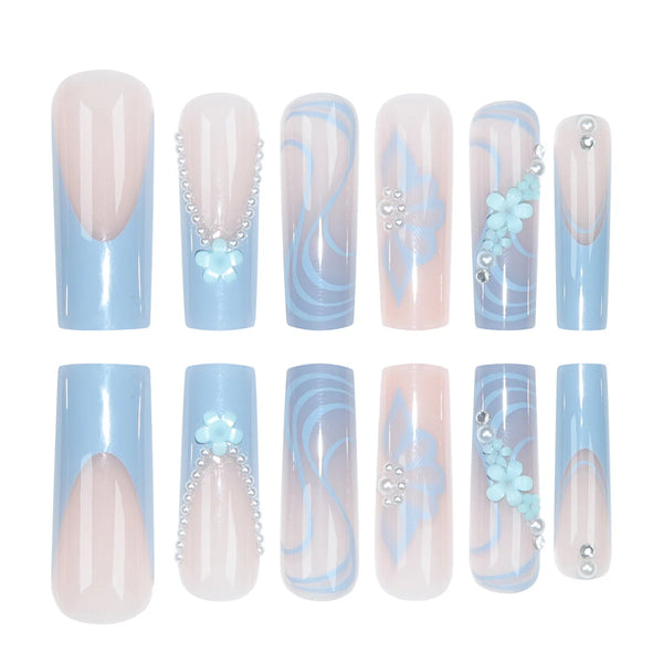 24 Piece Long Coffin Blue French&flower Pattern Fake Nails ABS Full Cover Glossy Fake Nails Summer Collection