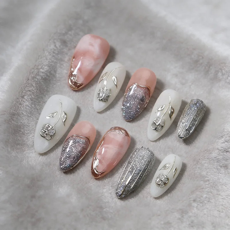 Handmade Wearable Press On Nails Y2k Fairy Medium Almond Fake Nails Light Luxury Charms Fake Nails Manicure Ballerina Detachable
