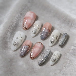 Handmade Wearable Press On Nails Y2k Fairy Medium Almond Fake Nails Light Luxury Charms Fake Nails Manicure Ballerina Detachable