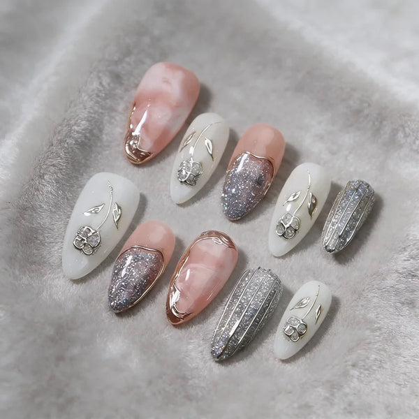 Handmade Wearable Press On Nails Y2k Fairy Medium Almond Fake Nails Light Luxury Charms Fake Nails Manicure Ballerina Detachable
