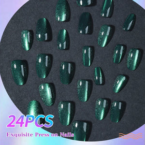 24pcs short almond nail fake nails, green cat's eye glass crystal design fake nails, full cover fake nails, white enhance temper