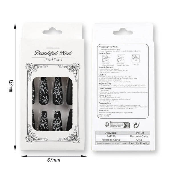 24pcs Black premium fake nails Simple white snowflakes Middle ladder Fully covered fake nails Christmas artificial false nails